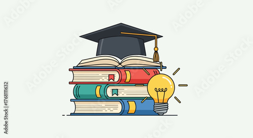 A graduation cap rests on a stack of books next to a glowing lightbulb, symbolizing education, knowledge, and bright ideas.