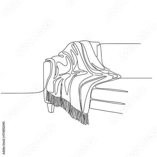 Wool blanket tucked on couch in line art style, symbolizing comfort and coziness