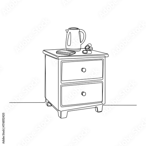 Nightstand with sleeping pills in line art drawing, symbolizing rest and bedtime routine