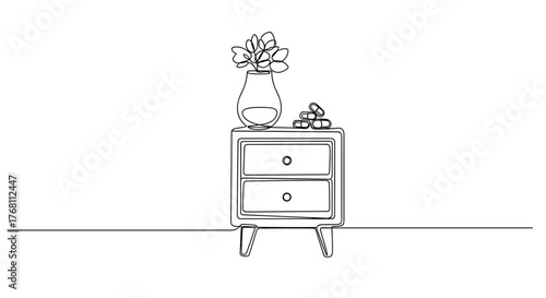 Nightstand with sleeping pills in line art style, symbolizing health and nighttime care