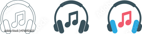 Headphones with music note icons set representing listening to music and audio experience