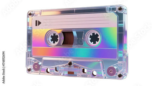 A vintage audio cassette tape with a white label sits isolated, an obsolete analogue object of retro music recording technology