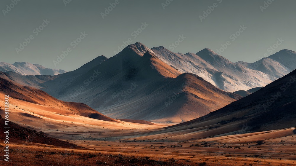 Naklejka premium Dramatic mountainous landscape features sunlit slopes and distant peaks under a pale sky