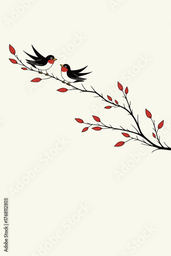 Stylized Birds on Branch with Red Leaves