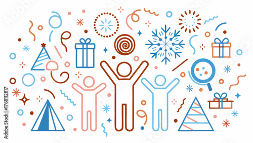 Festive celebration with stylized people, gifts, confetti, and party themed decorations scattered around