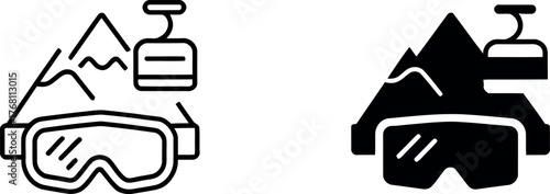 Skiing and snowboarding equipment icon set featuring goggles mountains and a chairlift graphic design element