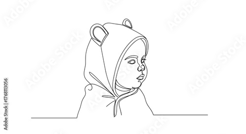 Baby in hooded towel with ears in line drawing, symbolizing tenderness and care