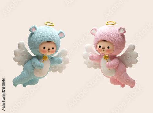 Cute 3d fluffy twin angels , pastel teddy bear angel cartoon character for newborn or kid. 