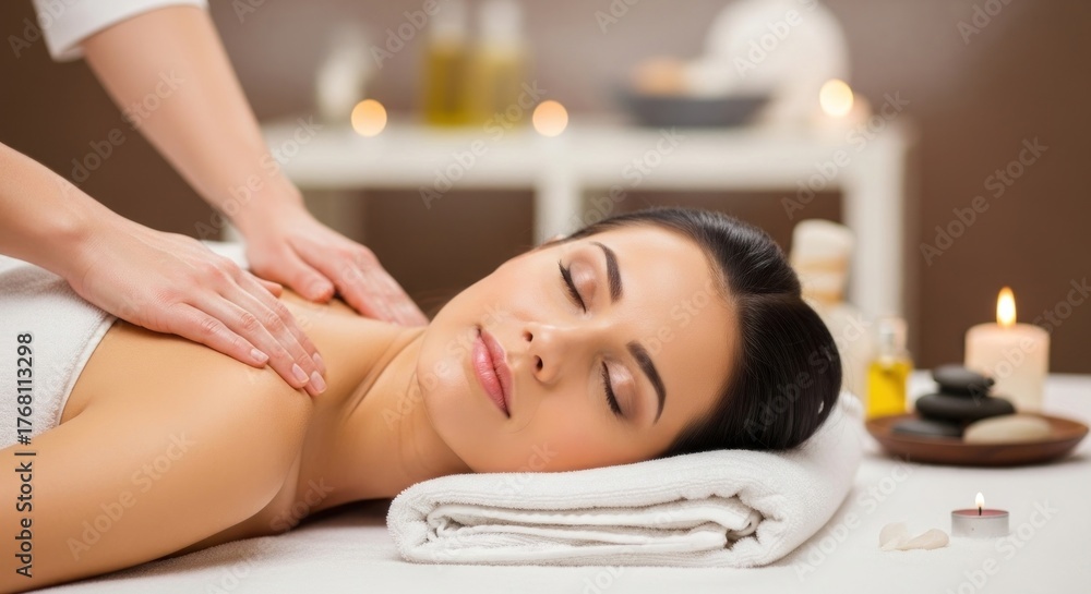 Fototapeta premium Young woman enjoys a relaxing back massage in a serene spa setting with candles