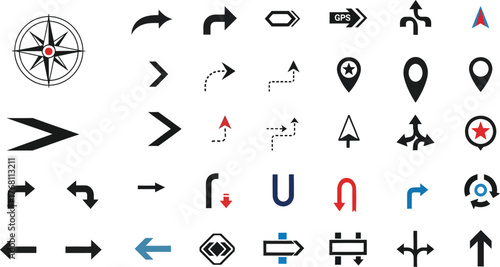 Collection of diverse navigation icons including compass rose various arrow shapes and map location markers