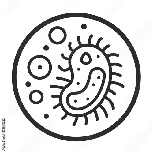A minimalist black and white line drawing of a bacterium with flagella, surrounded by small circles and dots within a larger circle representing a petri dish.