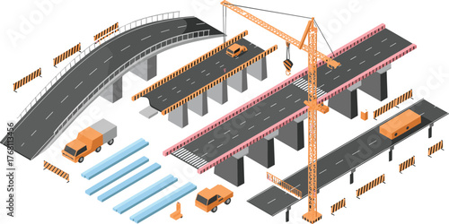 Isometric 3D illustration of highway bridge construction site with cranes, vehicles, concrete beams, and road infrastructure under development