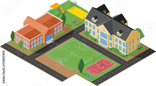 Isometric 3D illustration of modern school campus with playground, soccer field, basketball court, educational buildings, and outdoor learning environment