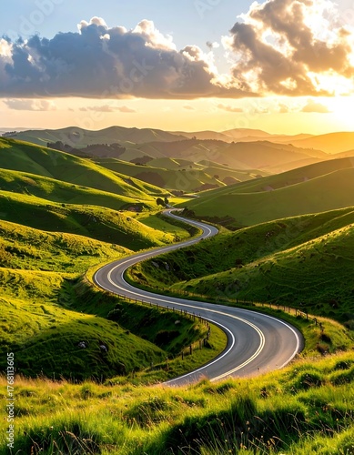 Winding road through rolling green hills