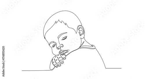 Baby resting head on shoulder in line drawing, symbolizing trust and emotional bonding