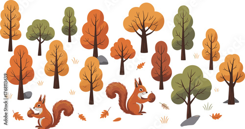 Whimsical autumn forest illustration with cute squirrels holding nuts, colorful fall trees, falling leaves, and woodland nature scene design