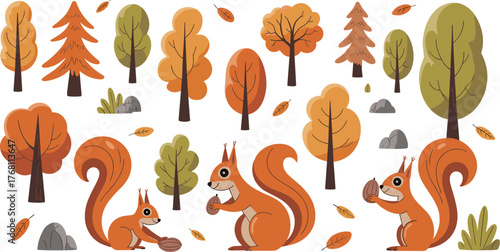 Whimsical autumn forest illustration with cute squirrels holding nuts, colorful fall trees, falling leaves, and woodland nature scene design