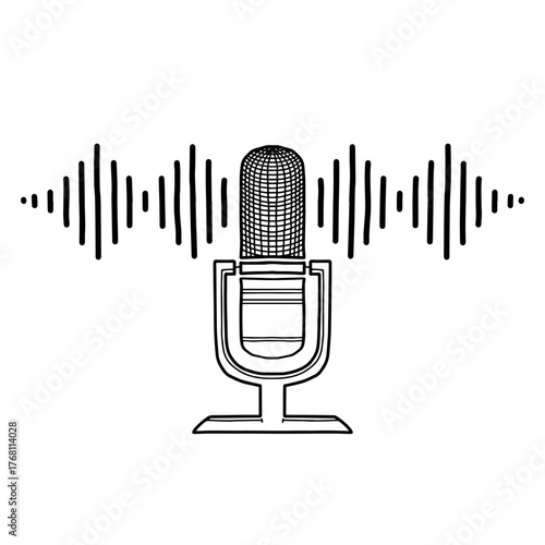 Vintage Microphone and sound waves doodle line art vector illustration