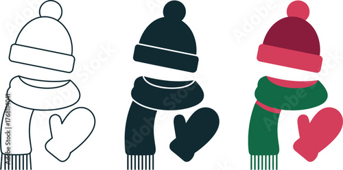 Winter Outfit Set Hat Scarf and Mittens with Three Different Color Scheme Variations Vector Illustration