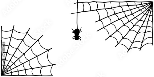 Halloween corner spiderweb and spider line art. Hand drawn doodle vector of spooky spider on a web