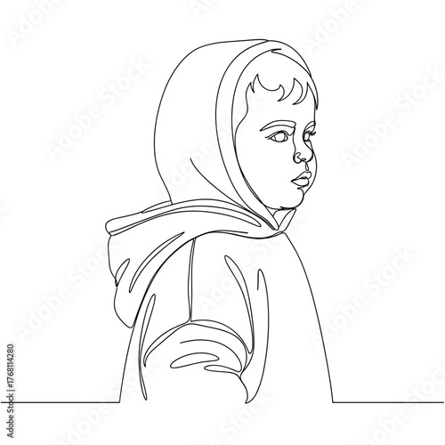 Baby wearing oversized hoodie in line art style, symbolizing innocence and coziness