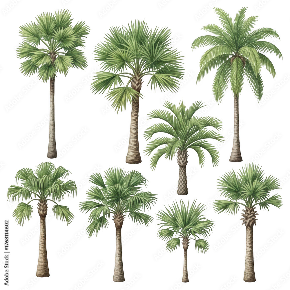 Fototapeta premium Collection of diverse palm trees tropical flora botanical elements for design projects isolated on transparent background