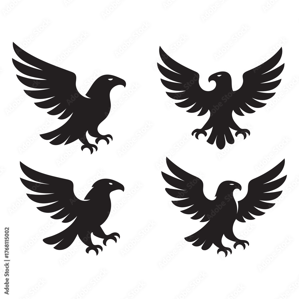 Fototapeta premium Black crow and raven silhouettes flying landing perched on branches vector illustration set wildlife bird design spooky nature artwork elements
