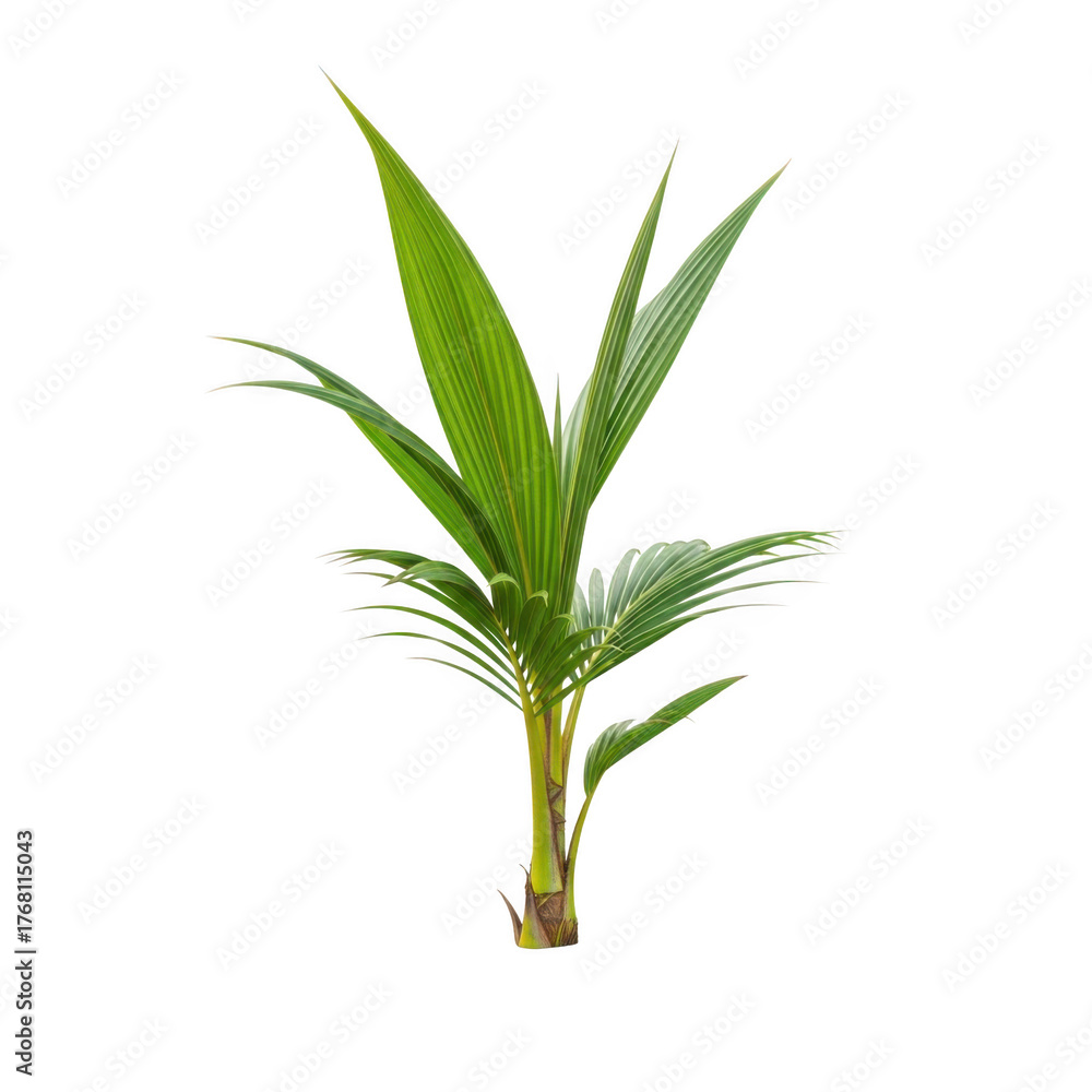Fototapeta premium Young coconut palm tree seedling vibrant green leaves isolated studio shot isolated on transparent background