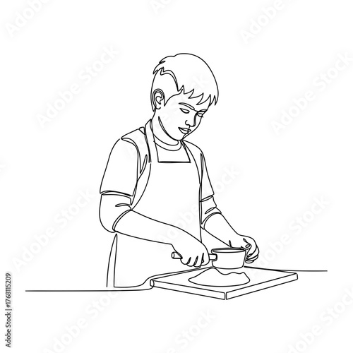 Boy measuring flour for baking in line art style, symbolizing learning and creativity