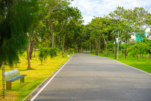 Fototapeta Naklejka Na Ścianę i Meble -  Asphalt walking and running road into green tree city park