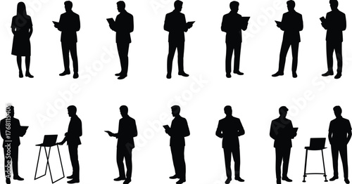 Business meeting silhouettes, office people vector art, professional teamwork illustration, corporate discussion scene, standing figures, modern business collaboration concept
