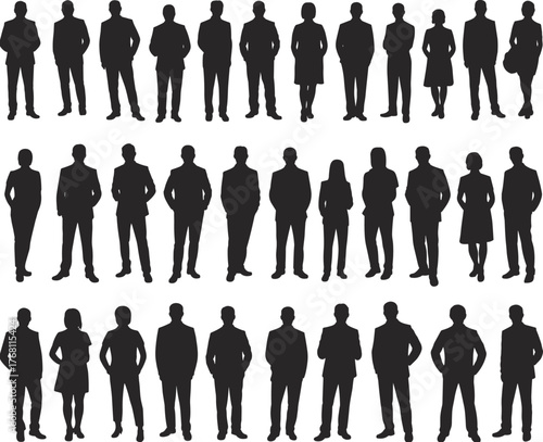 Business people silhouettes, corporate professionals set, office workers illustration, teamwork concept, leadership lineup, company staff, formal business attire vector, collaboration design