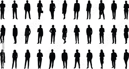 Business people silhouettes, standing human figures vector, professional poses illustration, office teamwork concept, black silhouettes art, modern workforce diversity design