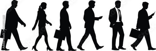 Business people walking silhouettes, office workers illustration, professional men and women vector, corporate lifestyle design, teamwork concept, elegant outline graphics
