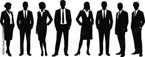 Business professionals silhouettes, corporate team illustration, office staff lineup, leadership concept, teamwork design, businesspeople group, executive vector, modern workplace art