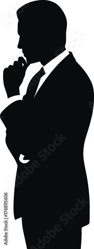 Businessman silhouette, thinking man pose, decision making concept, corporate leadership, strategy planning, formal suit figure, professional contemplation art