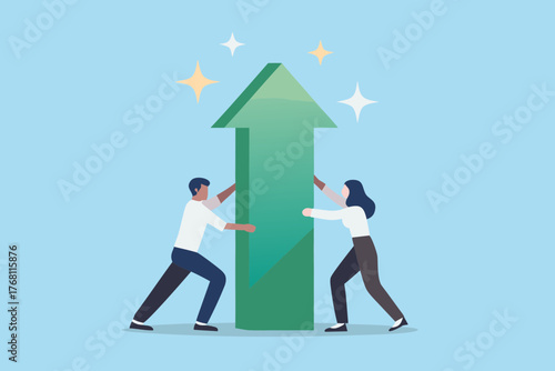 Teamwork pushing a large green arrow upwards symbolizing growth and success