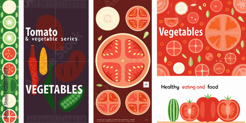 Vibrant collection of fresh tomatoes and assorted vegetables presented in a graphic design style