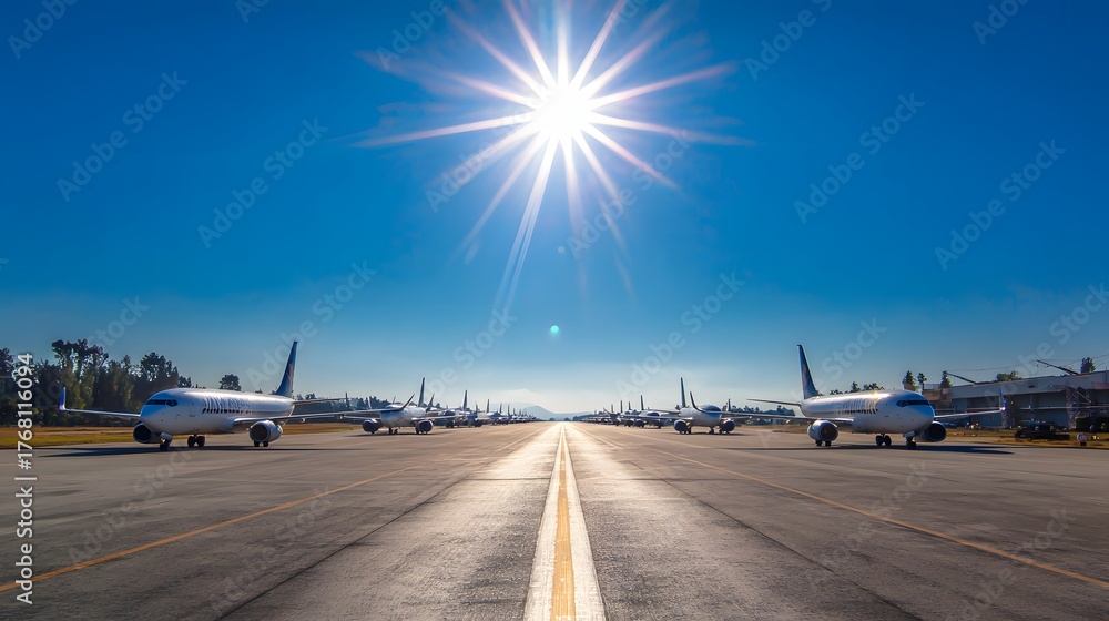 Fototapeta premium Numerous passenger aircraft line a wide airport tarmac under brilliant sunshine