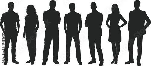 People silhouettes, men and women standing, casual group illustration, diverse team vector, modern lifestyle concept, teamwork and unity art