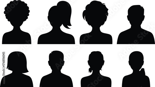 Profile silhouette set, human head outlines, avatar icons, people vector art, diversity concept, minimalist face shapes, portrait silhouettes, modern identity illustration