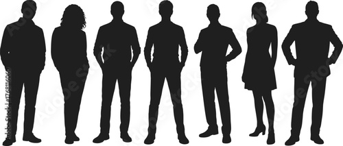 People silhouettes, men and women standing, casual group illustration, diverse team vector, modern lifestyle concept, teamwork and unity art