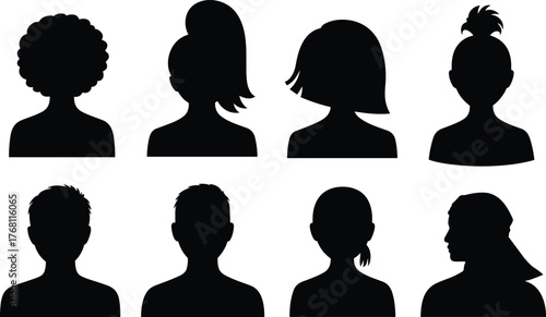 Profile silhouette set, human head outlines, avatar icons, people vector art, diversity concept, minimalist face shapes, portrait silhouettes, modern identity illustration