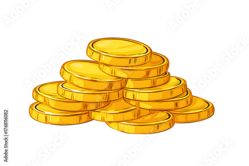 Stacks of yellow gold coins cartoon Illustration isolated on cut out PNG or transparent background. Money coin gold stack pile. Business and finance concept design and ancient treasures coin golden.