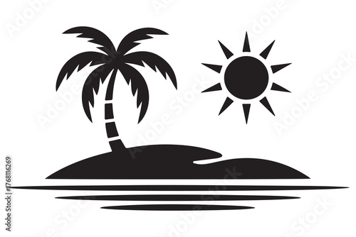 Palm tree and sun silhouette tropical island beach illustration