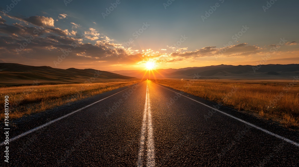 Naklejka premium Open highway stretches towards a brilliant sun setting over rolling distant terrain
