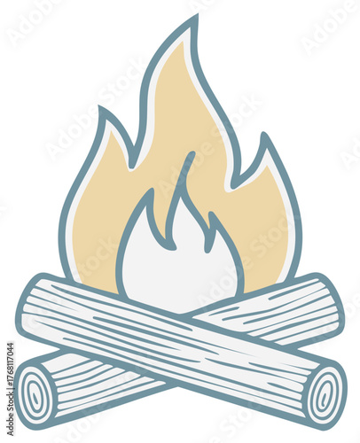 Cartoon campfire illustration, blazing flames with wood logs. Isolated design.