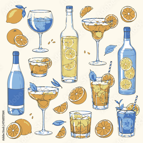 Hand Drawn Sketch Style Citrus and Wine Set, Elegant Doodle Line Illustration of Lemons, Limoncello, Cocktail Glass, and Lemon Slice for Background, Card, Invitation, Poster, or Packaging