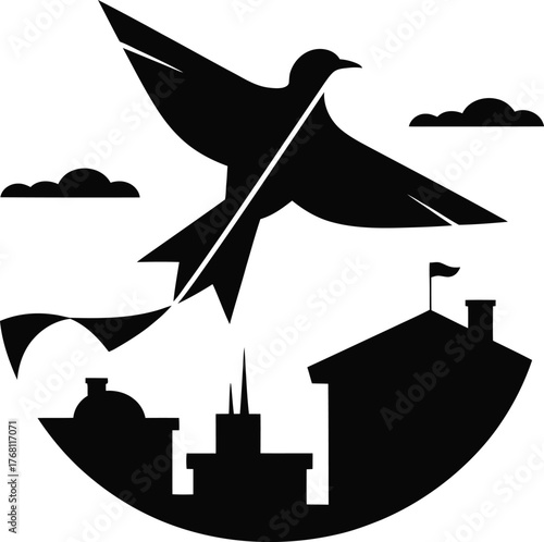 Silhouette of a bird flying over a city skyline at dusk or dawn