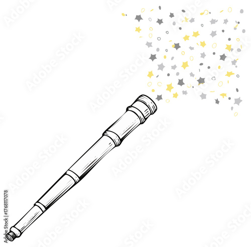 Drawn hand telescope blowing shiny stars into the starry sky space, concept illustration